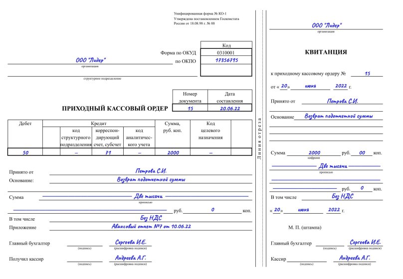 Приходно-кассовый ордер образец заполнения для ООО