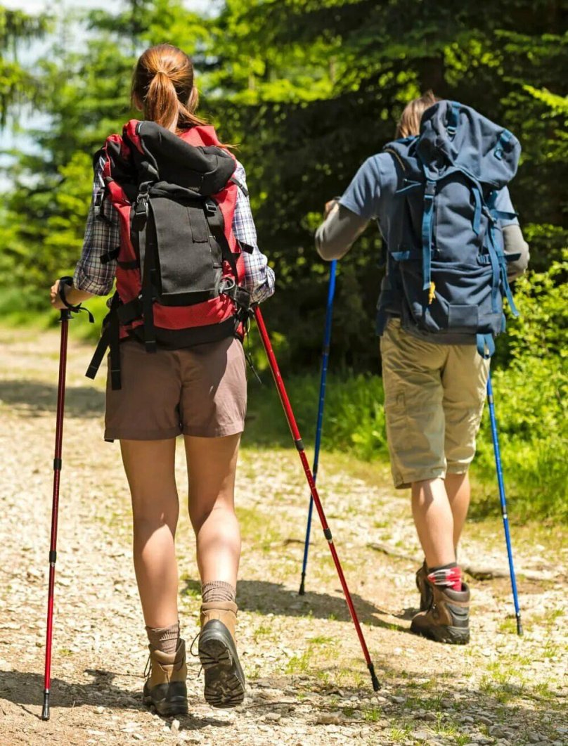 Палки походные розовая и синяя на берегу моря