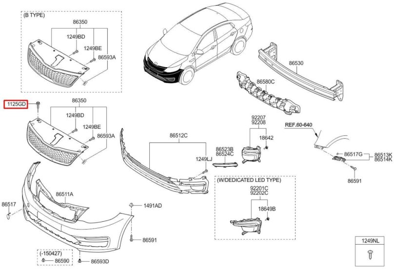 Схема сборки переднего бампера Киа Рио 3