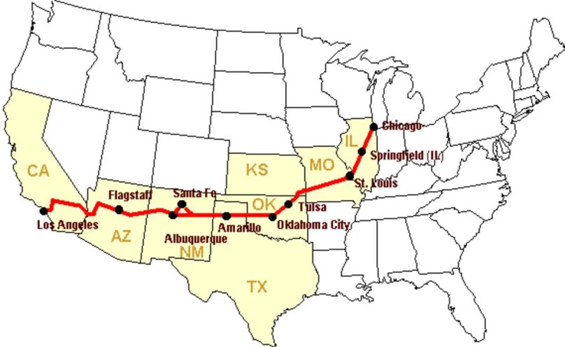 Дорога 66 в США на карте