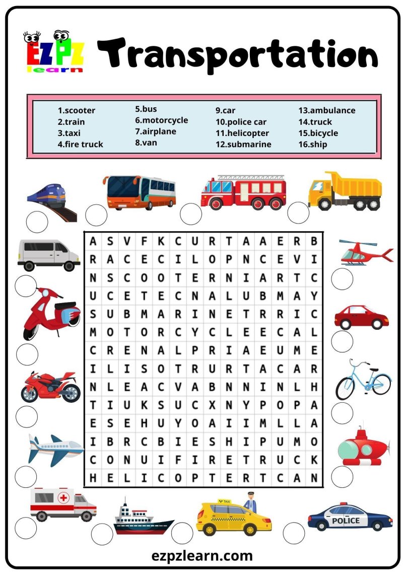 Transport Wordsearch for Kids