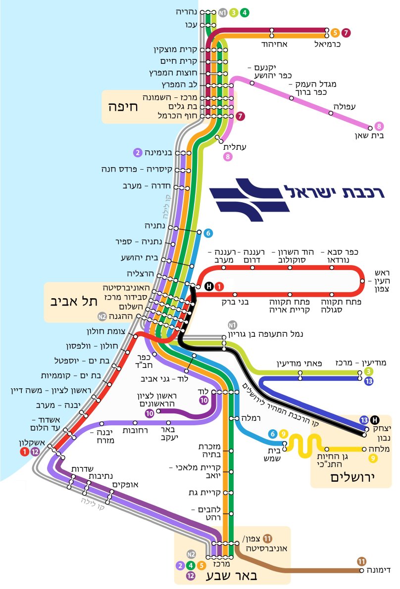 Карта Тель Авива железных дорог