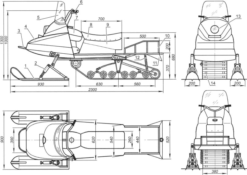 Dimensions snowmobile Taiga 500